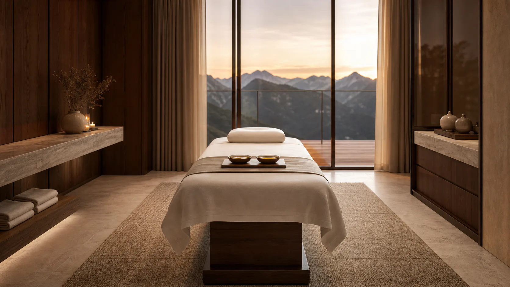 Vorbereitete Treatment-Suite für eine Elysian Massage